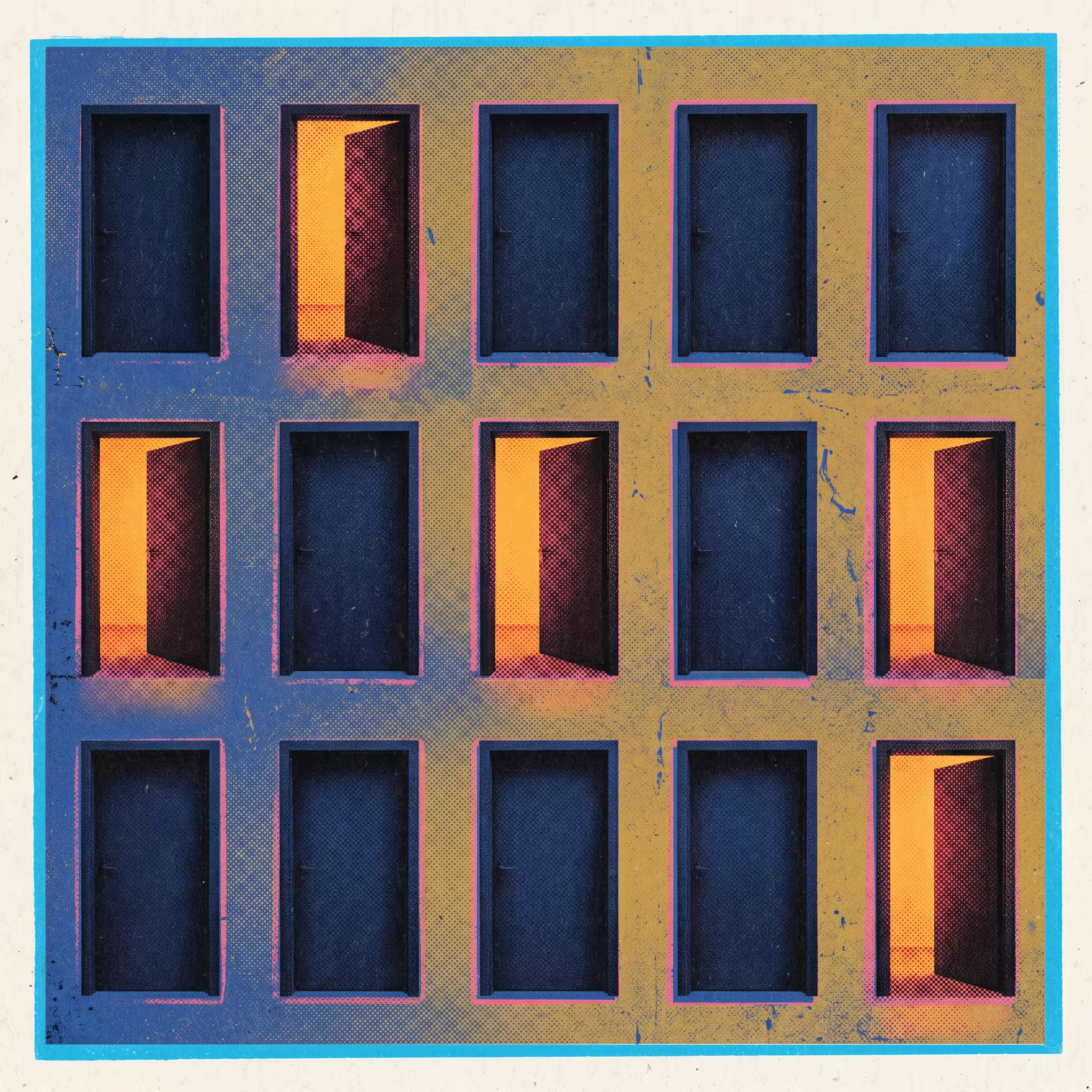 Ten identical rectangular doors arranged in a grid — six sealed dark with no handles, four standing ajar with warm amber light spilling through — Risograph print zine style with hot pink and cobalt registration offset and halftone grain.