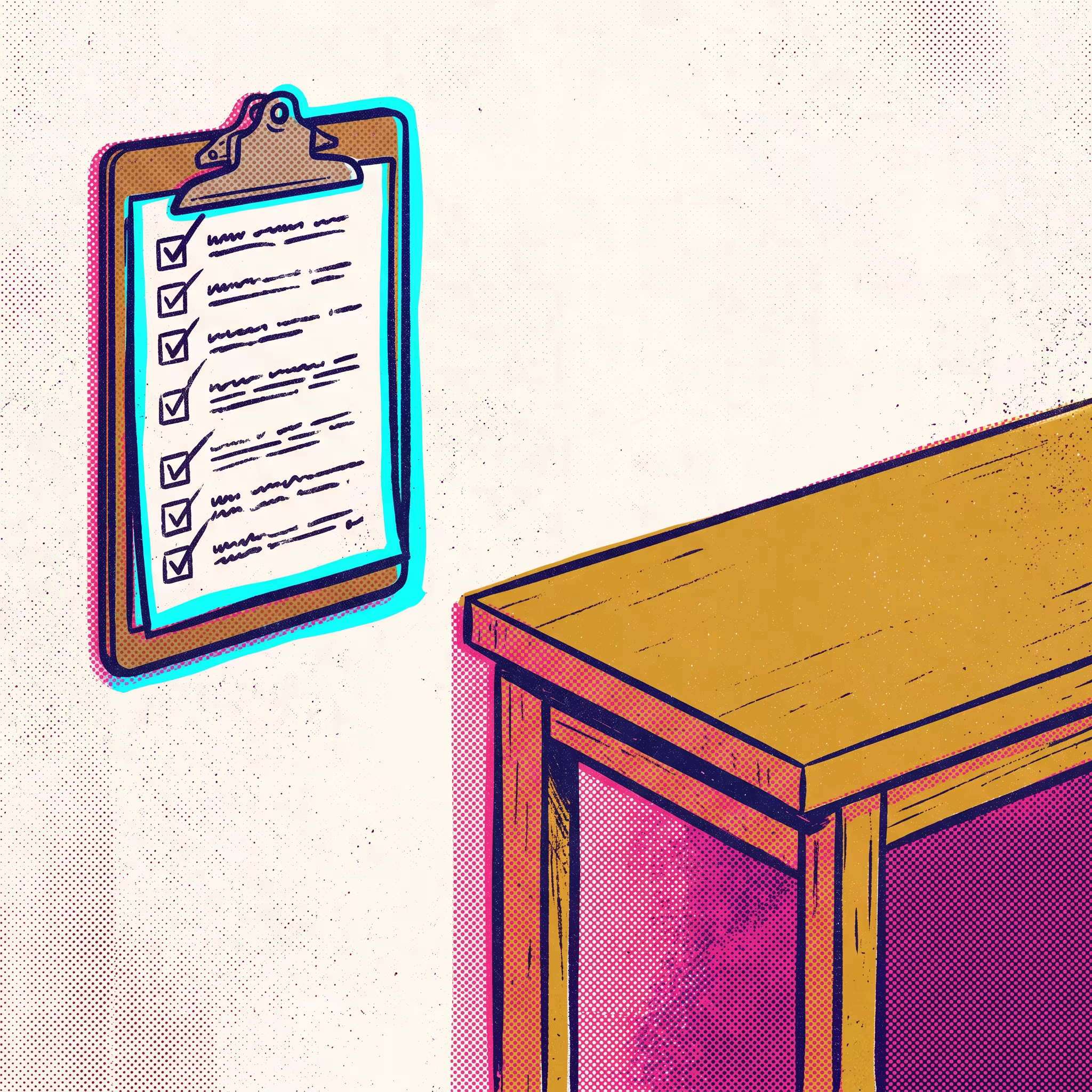 A clipboard with a fully checked-off to-do list hanging on a wall beside a completely empty unused workbench — Risograph print zine style with cyan outline on the clipboard and halftone grain throughout.