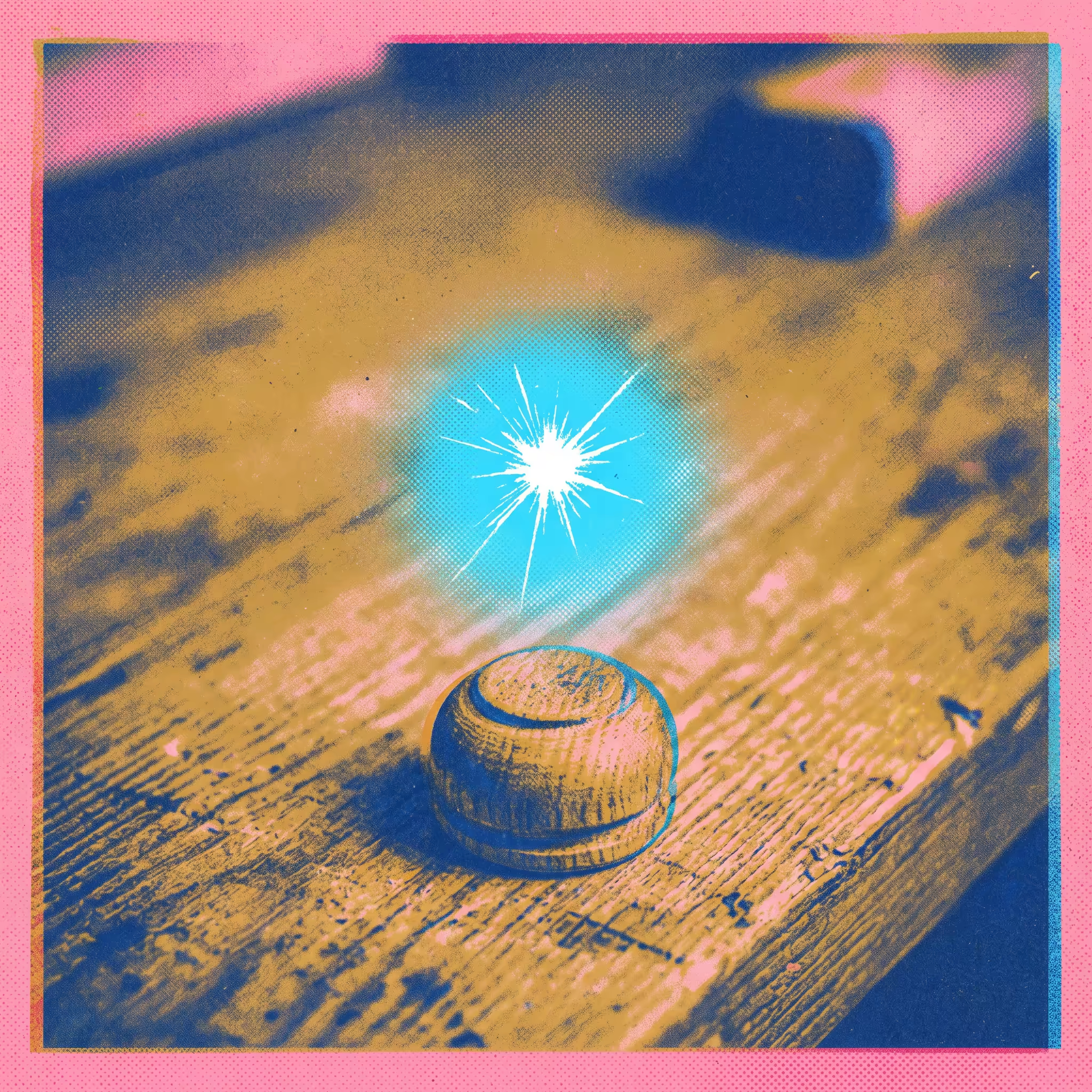 A bright cyan spark of ignition suspended above a bare wooden workbench with a small finished wooden object directly below it — Risograph print zine style with mustard and cobalt duotone and halftone grain texture.