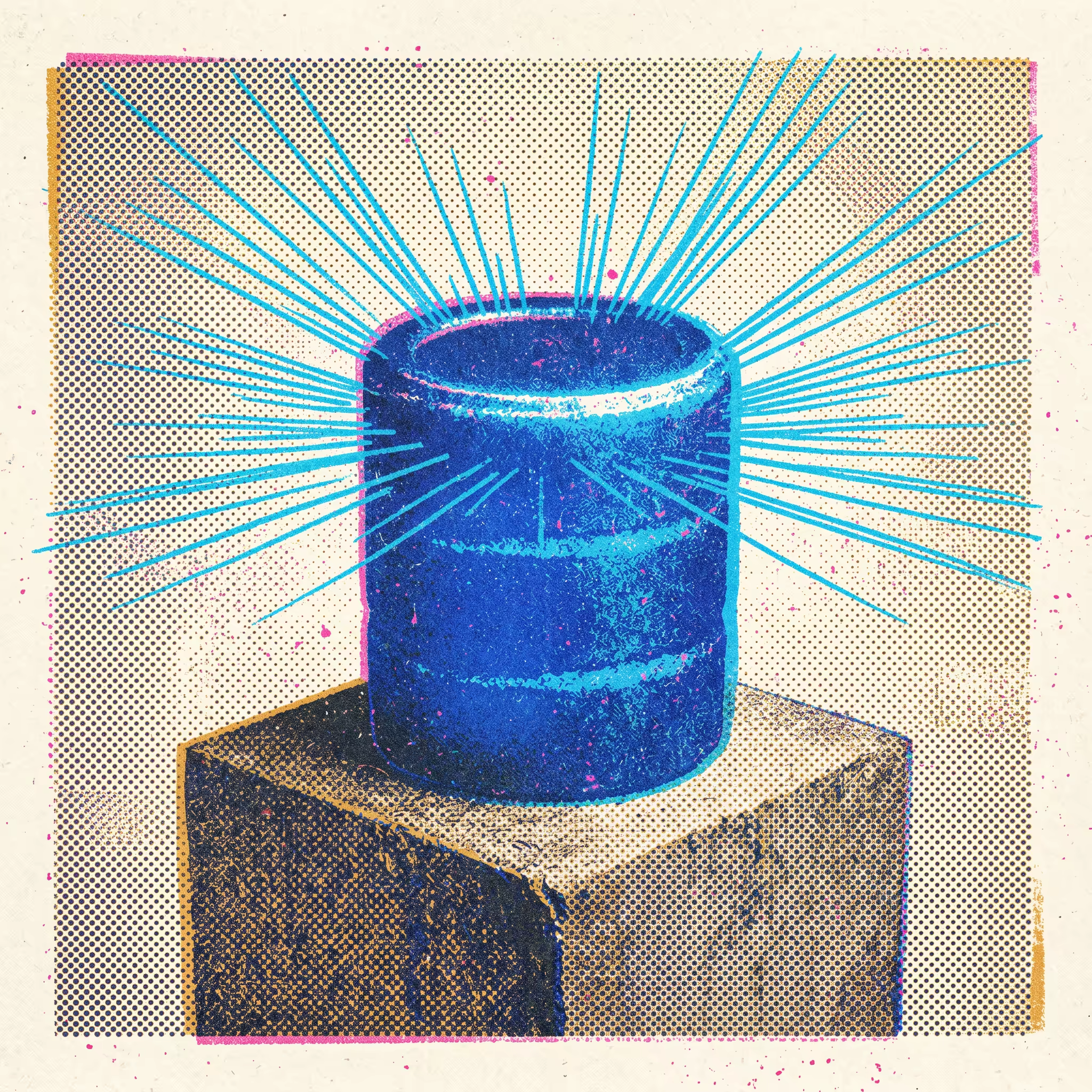 A risograph-style print of a database cylinder with glowing cyan data pulses radiating outward along cobalt-blue concentric rings, halftone dot texture visible across the mustard yellow background panels, sharp registration offset between hot pink and cobalt ink layers