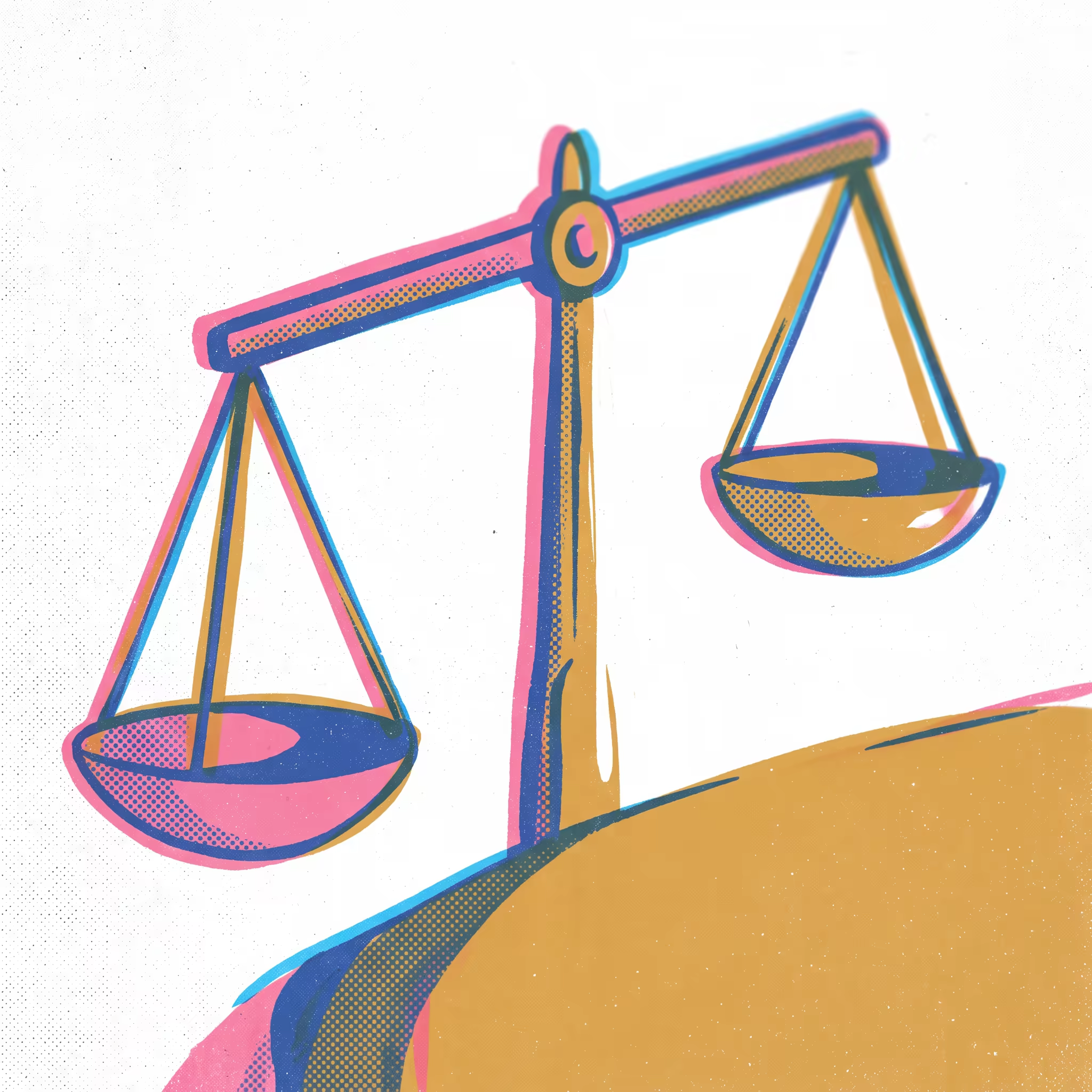 Risograph-print illustration of a tipping balance scale, one pan lower than the other, rendered in hot pink, cobalt and mustard with visible halftone dot texture and ink registration offset