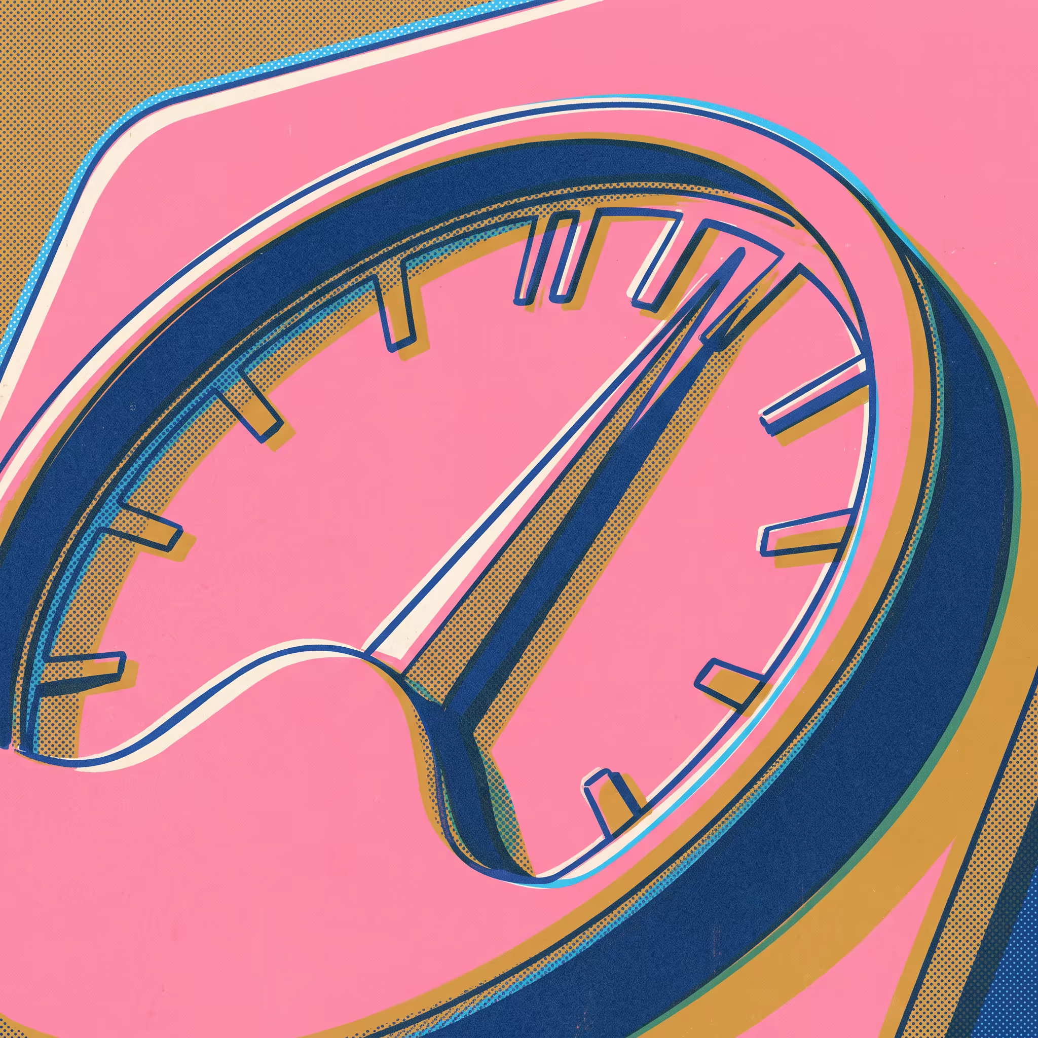 Risograph-print illustration of a large analog gauge dial with a prominent needle pointing to a marked position, rendered in hot pink, cobalt and mustard with visible halftone dot textures