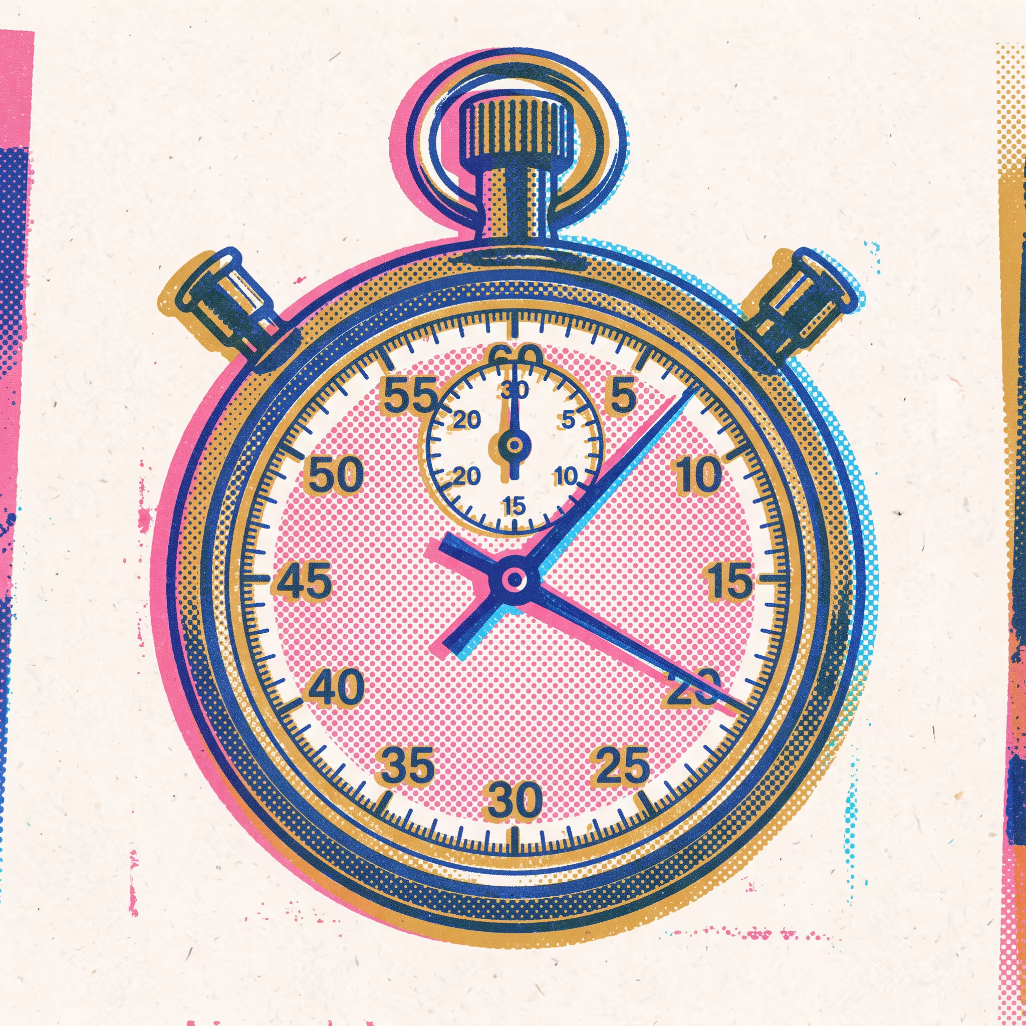 Risograph-print illustration of a vintage stopwatch lying face-up with hands frozen at an early position, rendered in hot pink, cobalt and mustard with halftone dot texture and ink registration offset
